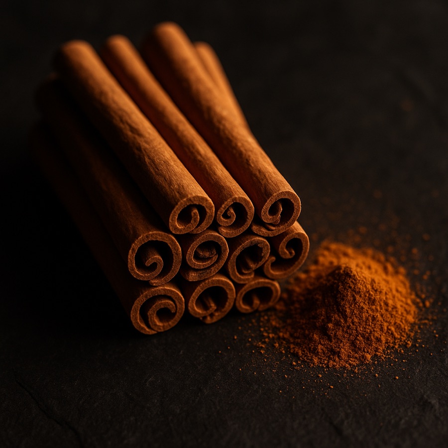 Ceylon cinnamon quills arranged on a dark surface, showing the characteristic paper-thin rolled bark of Cinnamomum zeylanicum